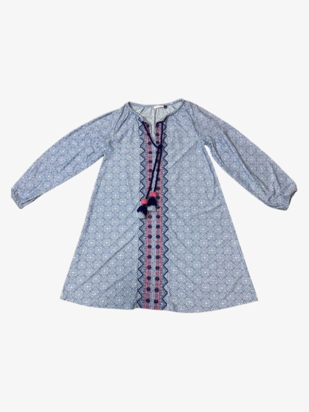 Cabana Life Blue Patterned Tunic Dress with Pom Pom Tassels Size Small
